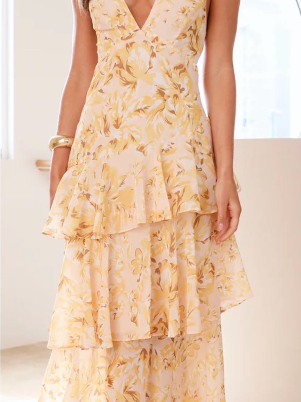 Hello Molly Yellow Floral Tiered V-Neck Maxi Dress